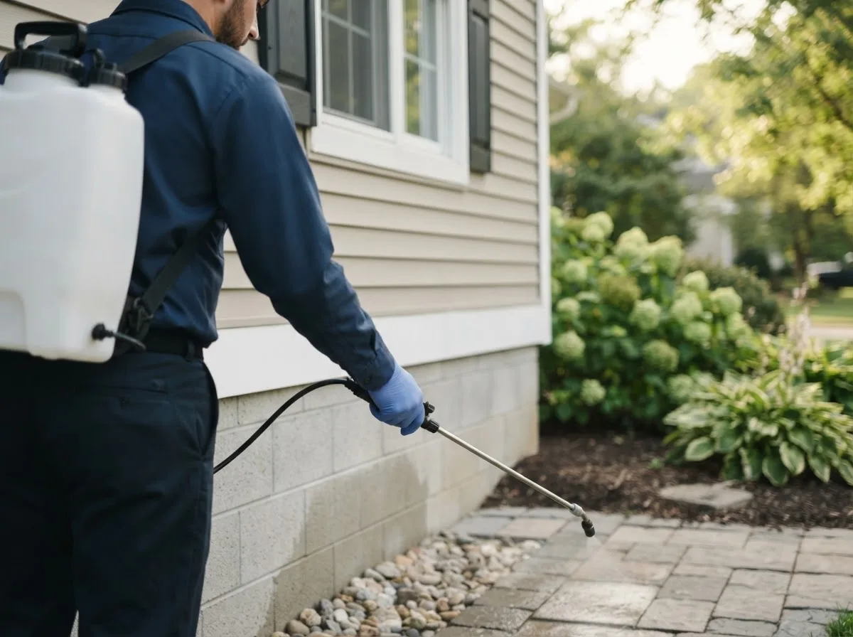 Pest control technician inspecting a home in Forestville, MI